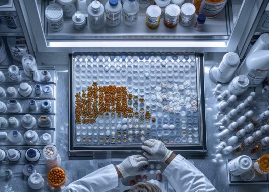 Photo of a pharmacist in a compact pharmacy, preparing a custom medication with precision. The image is taken from a top-down view, showing the pharmacist’s careful work and the small, well-organized workspace. --chaos 13 --ar 4:5 --stylize 300 Job ID: 5ad4a7f8-a95a-4be4-a41a-ebade4ff4b43